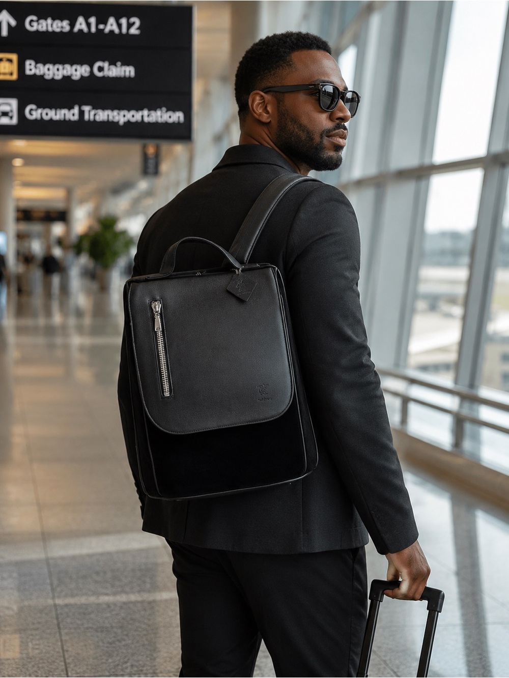 Men's Black Leather Backpack - Minimal Travel Pack